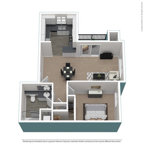Floor plan for 1 bed, 1 bath, 733 sqft